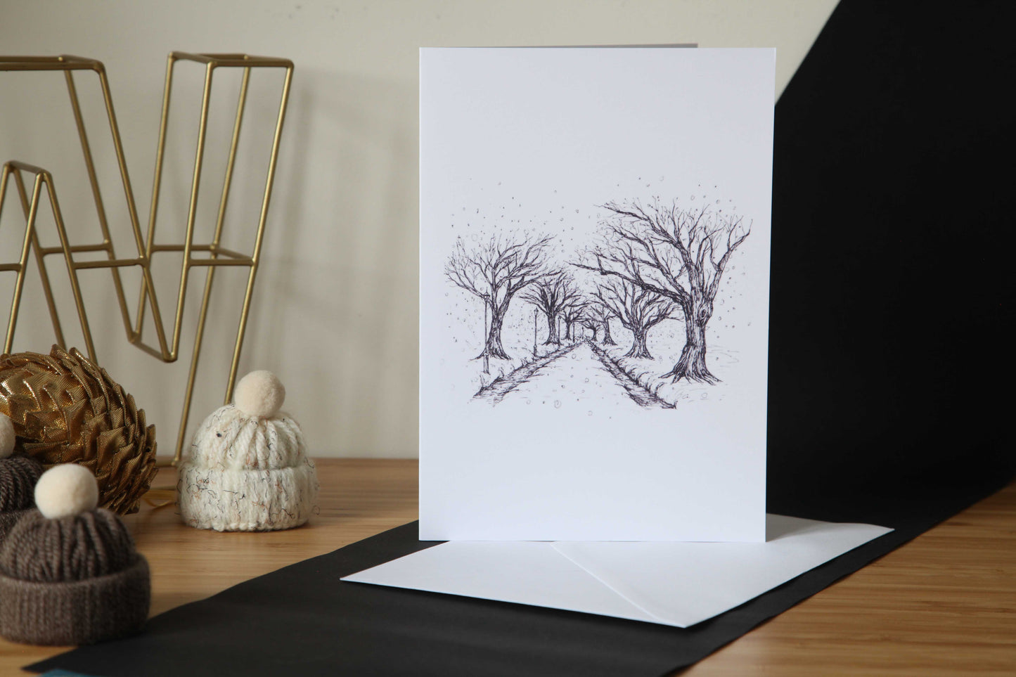Christmas Card - formal illustration of a snowy alley of trees