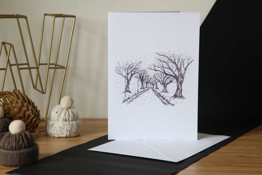 Christmas Card - formal illustration of a snowy alley of trees